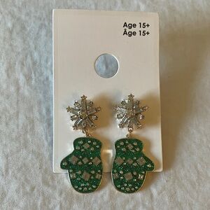 GAP: Green/Gold Tone Mitten  Earrings- Snowflakes- Christmas